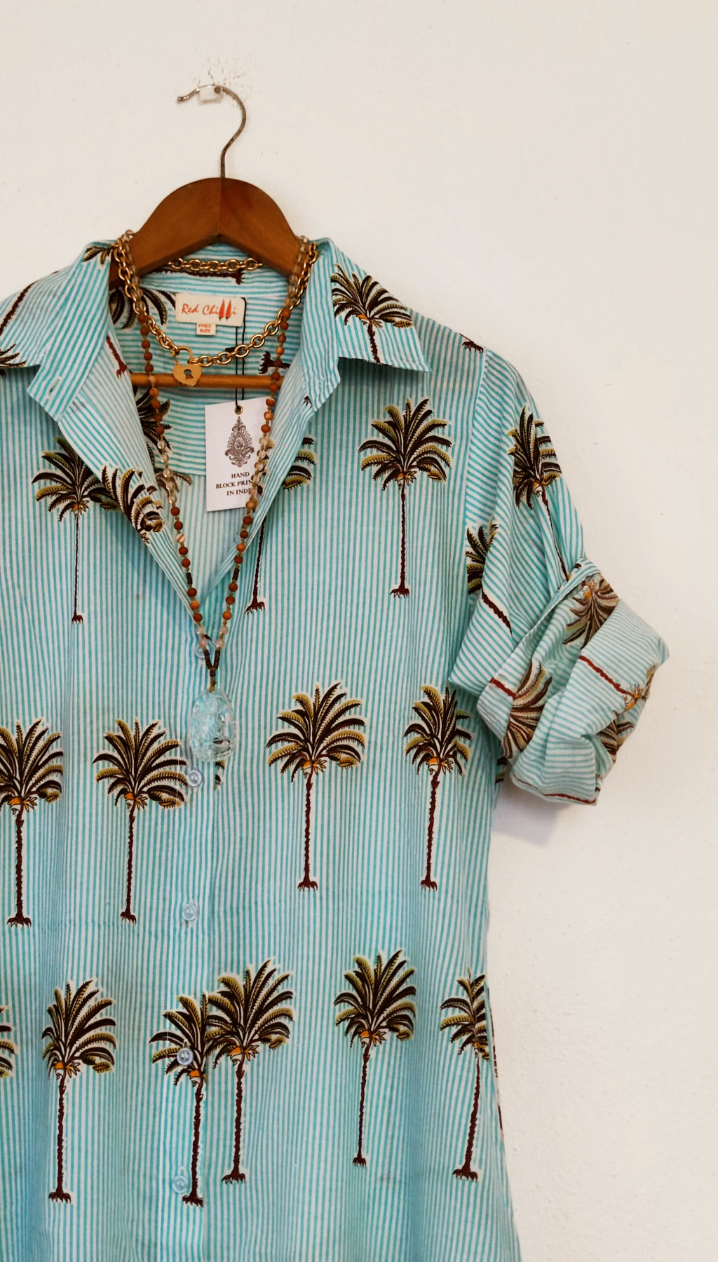 Maxi Camisero Block Print Palmeras Turquesa