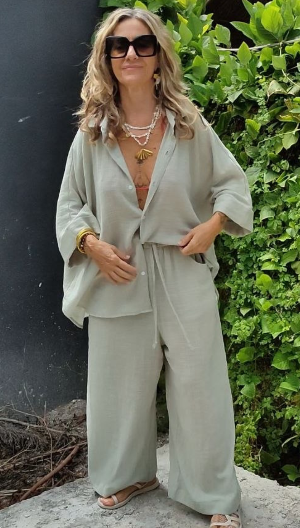 Pantalón Ancho Slub Bolsillos